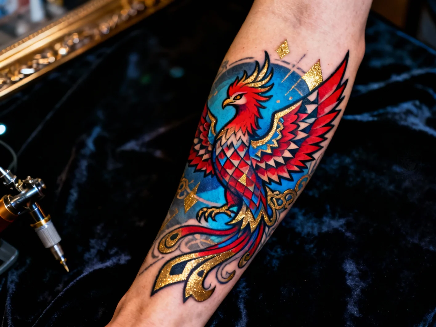 Tatouage neo-traditionnel avec details modernes et couleurs etendues